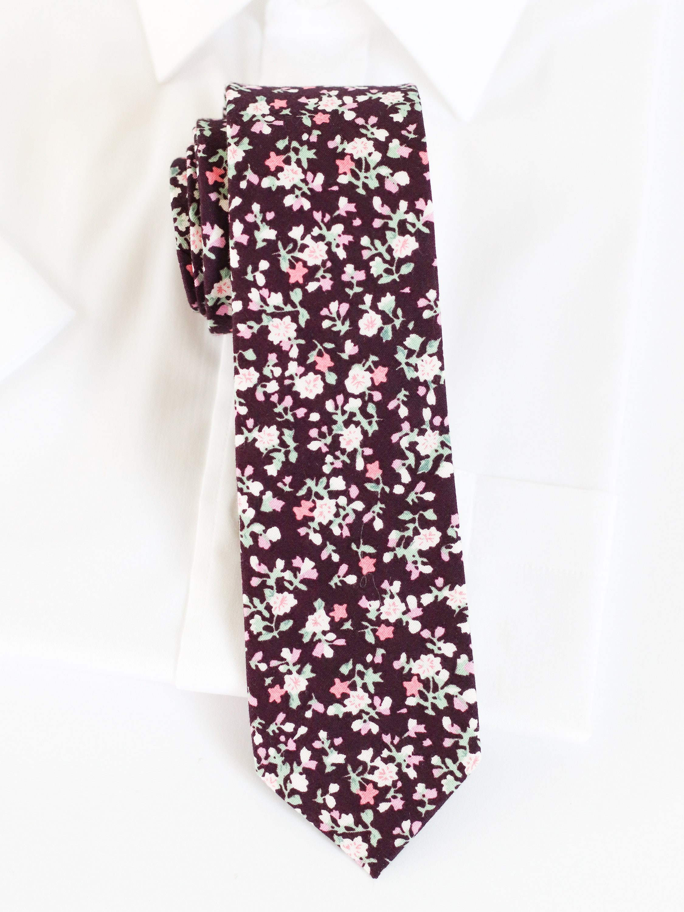 burgundy floral skinny tie