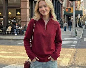 100% Luxury Cashmere Half Zip Sweater, Premium Soft Quarter Zip Pullover, Sustainable Wool Knit Jumper, Chic High Neck Winter Top for Her