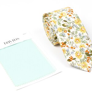 Mint Yellow Floral Skinny Ties For Men, Wedding Ties For Men, Mens Skinny Floral Ties On Wedding Day, Floral Ties Yellow, Ties For Boy