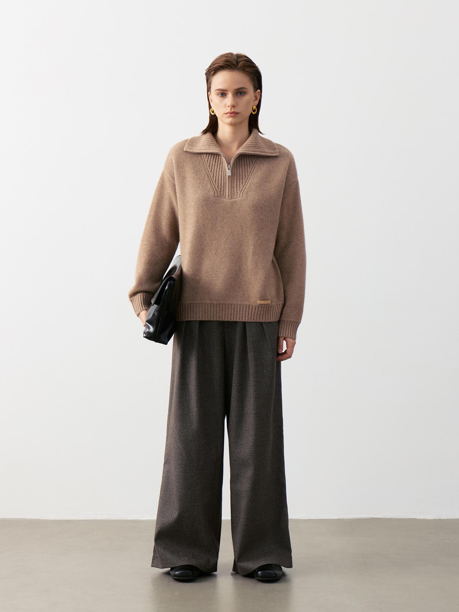 Oversized Goat Cashmere Polo Sweater – Rib-knit Half-zip Top