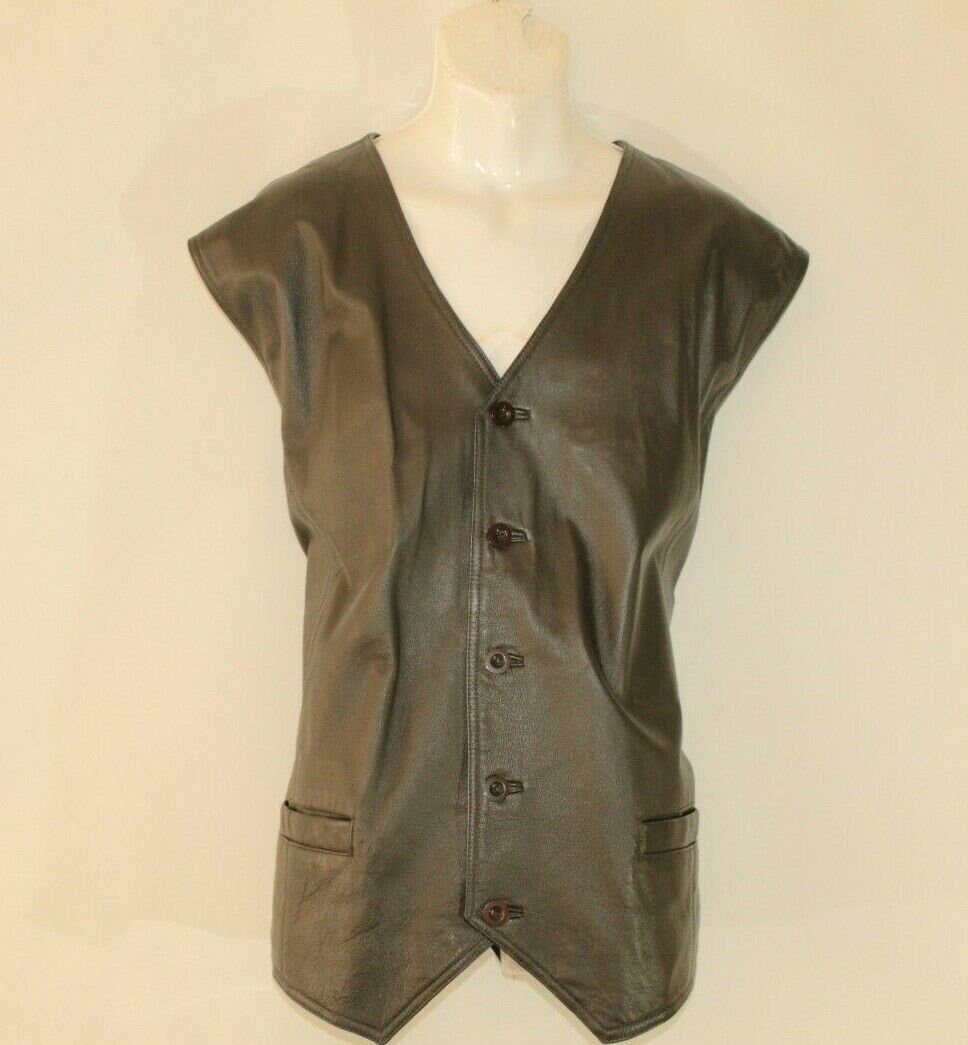 Image of Vintage Black Leather Button Biker Riding Casual Western Waistcoat Chest Size 56