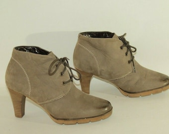 Vintage Brown Grey Leather (Nubuck) FABIANI Lace Up High Heel Ankle Boots Size 6 / 39