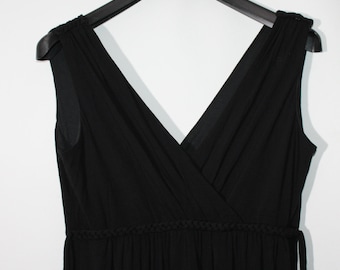 Vintage Women's  Black Fabric W Long Summer Sleeveless V- Neck Strap Casual Dress Size 14 / 42