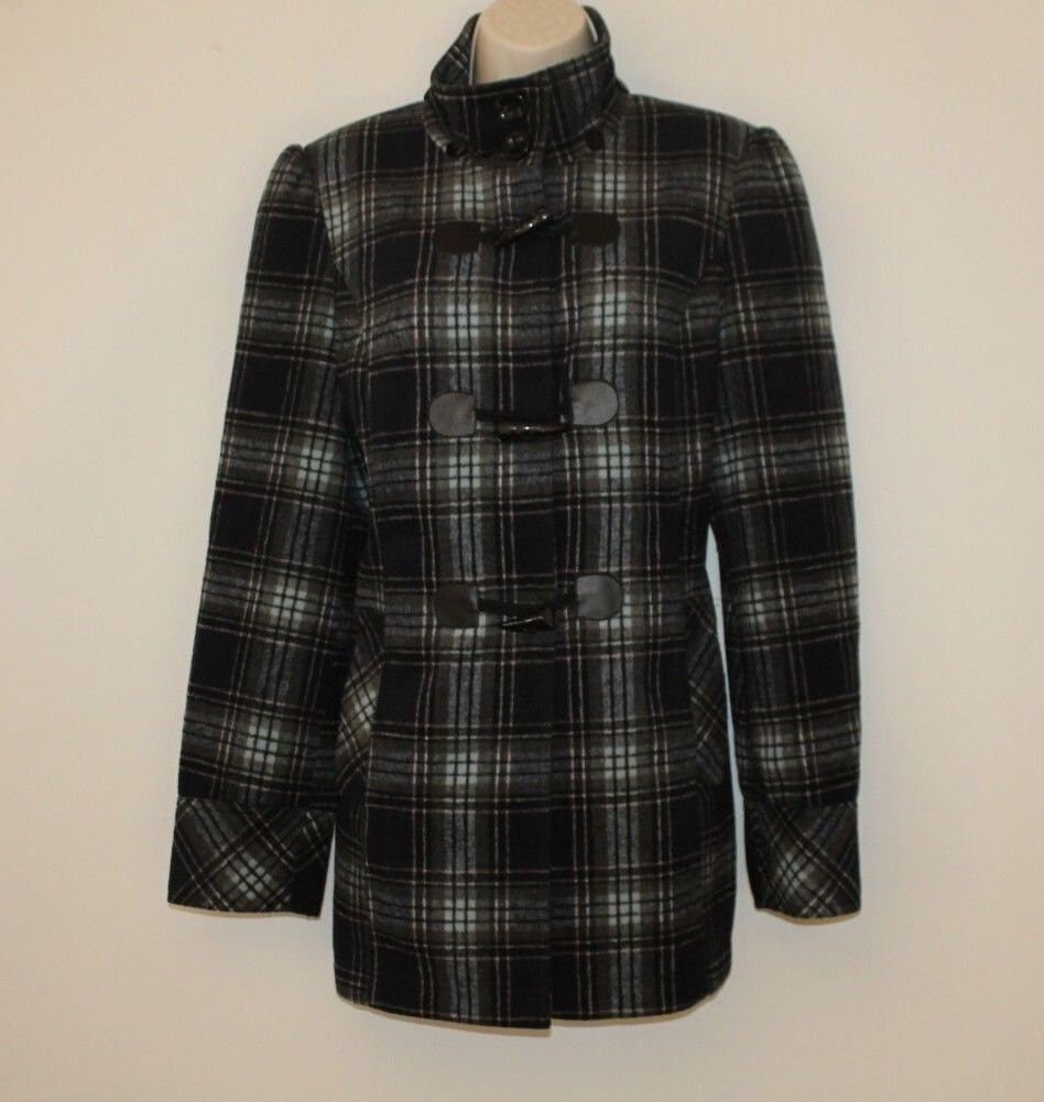 Image of Vintage Grey Blue Checkered Fabric Bhs Duffle Hip Length Autumn Winter Coat Size /