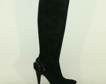 Vintage mujer negro ante GIANCARLO PROLI cremallera puntiaguda tacón alto mid Calf Casual Boots Sz 3 /36