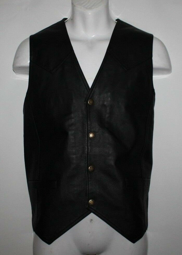Image of Vintage Men's Black Leather Johnf.gee Popper Cowboy Western Biker Waistcoat Chest Sz 44"