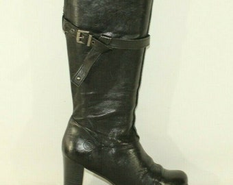 Vintage Women's Black Leather ESPRIT Platform Mid Calf High Heel Riding Boots 7.5 / 41