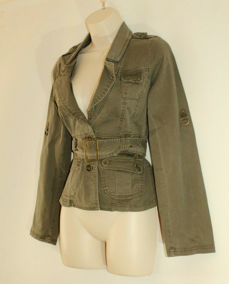 Vintage Khaki Cotton Blend JANE NORMAN Button Belted Fitted Jacket Blazer Size 10 38