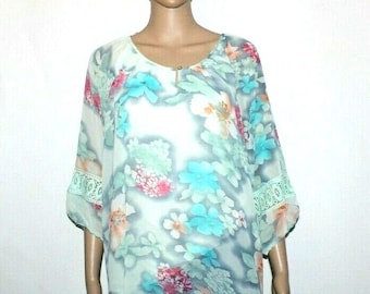 Vintage Colorful Floral ANDREA 3/4 Sleeve Casual Party Summer Top Blouse Size 12 / 40