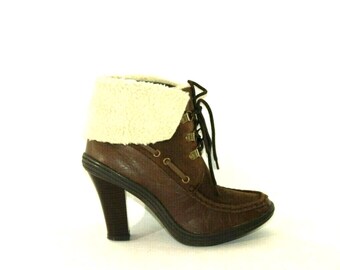 Botas de salto alto estilo vintage femininas, estilo couro e camurça, com cadarço, 6/39