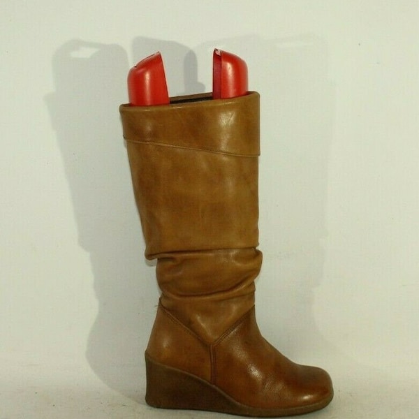 Vintage Women's Caramel Leather ROOTS Pull On Wrinkle Wedge Mid Heel Boots Taille 3 / 36