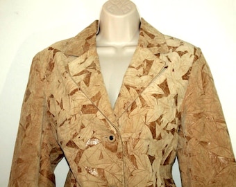Chaqueta Blazer Vintage de Cuero Beige Arrugado de Gamuza PETROFF Ajustada hasta la Cadera Talla 14/42