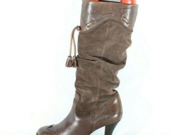 Vintage Women's Brown Leather & Suede BRONX Pull On Tassel Wrinkle Mid Calf Boots 7 / 40