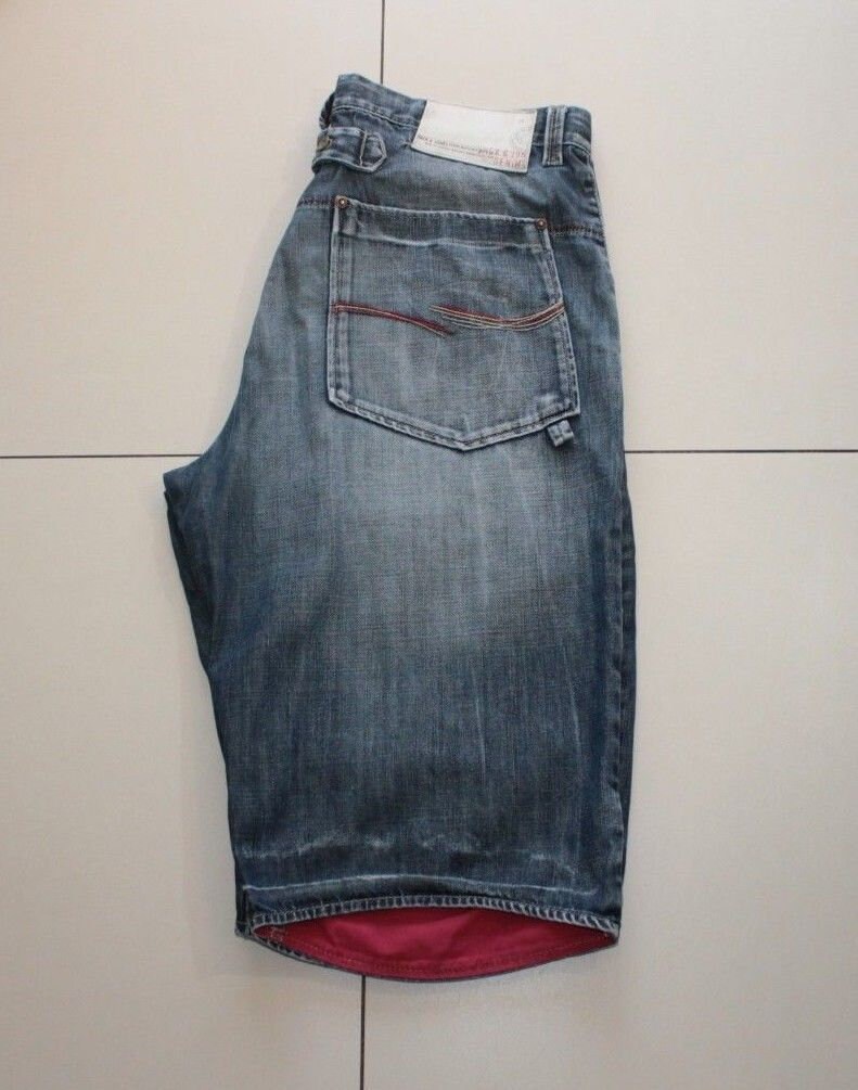 Image of Vintage Men's Blue Denim Jack & Jones Button Knee Length Distressed Faded Shorts W 37 L 16