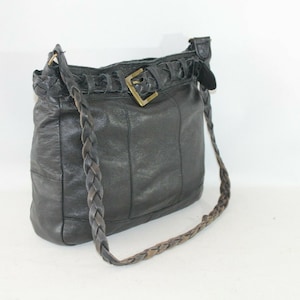 Vintage Black Leather PIECES Zip Slouch Shoulder Bag Messenger Bag Shopper Bag