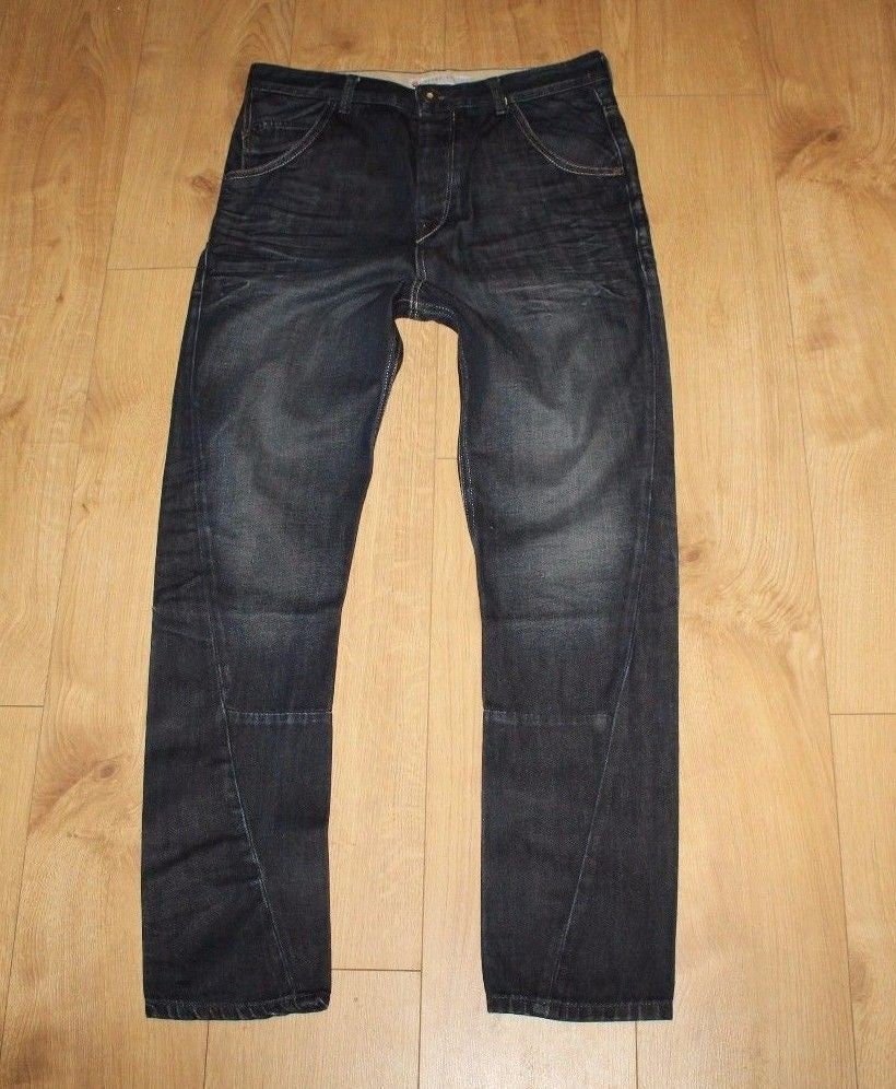 Image of Vintage Men's Dark Blue Denim River Island Button Twisted Crinkle Stonewashed Jeans W 32 L 30