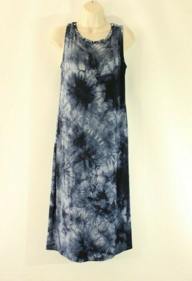 Image of Vintage Variegated Blue Fabric Atmospher Long Casual Summer Sleeveless Dress Size  /