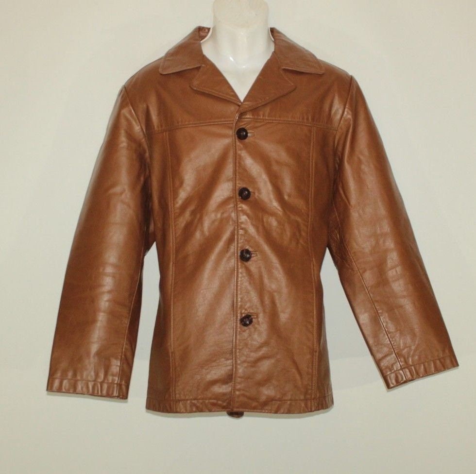 Image of Vintage Brown Leather Batistini Button Hip Length Biker Casual Jacket Blazer Size M Boho