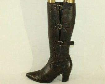 Vintage Women's Brown Leather MINOZZI Zip Pull On Cowgirl Mid Calf Riding Boots Sz 4 /37