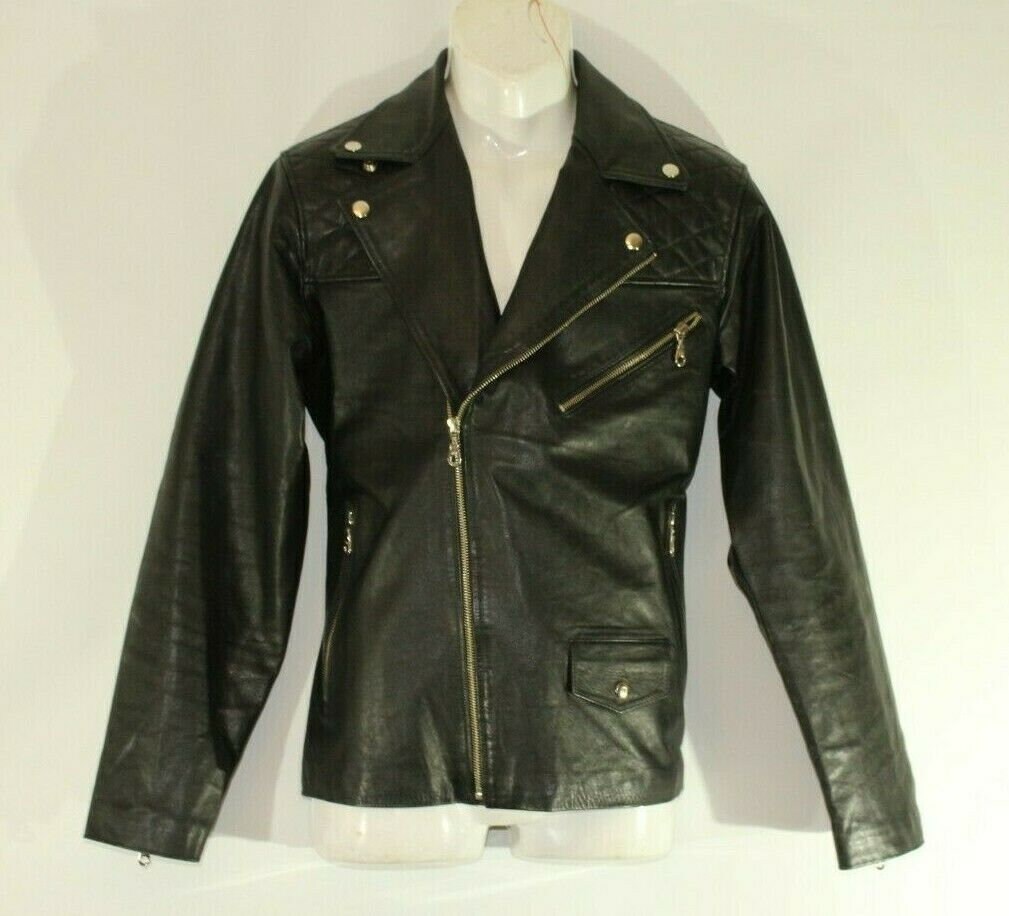 Image of Vintage Men's Black Leather Zip Hip Length Casual Biker Motorbike Jacket Chest Size 38"