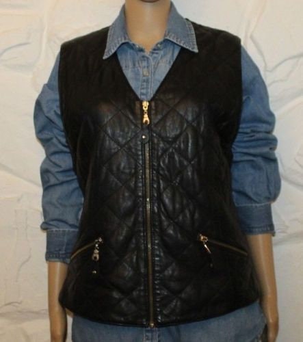 Image of Vintage Black Front Padded Leather & Other Clan Zip Hip Length Vest Waistcoats Size Xl