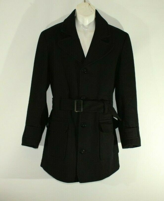 Image of Vintage Men's Black Wool Bertoni Button Belted Hip Length Casual Coat Jacket Size L