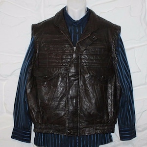 Vintage Men&#39;s VTG Brown Patch Leather Zip Bomber Casual Biker Fishing Jacket Waistcoat Size M