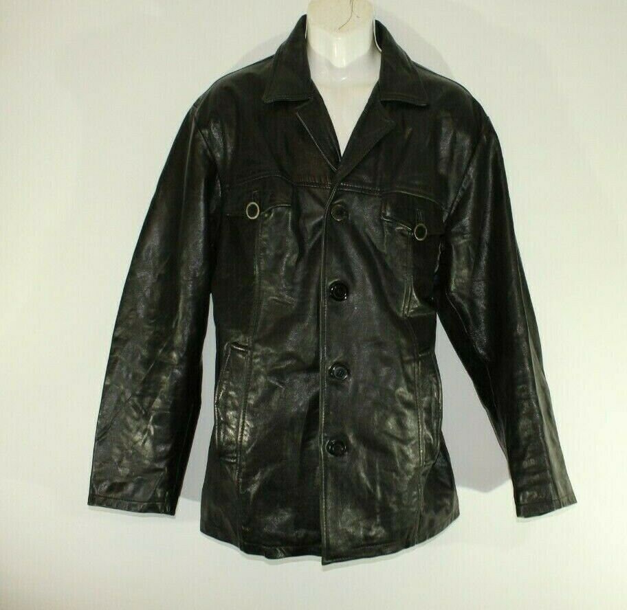 Image of Vintage Men's Black Real Leather Ricano Button Hip Length Casual Biker Jacket Size Xl