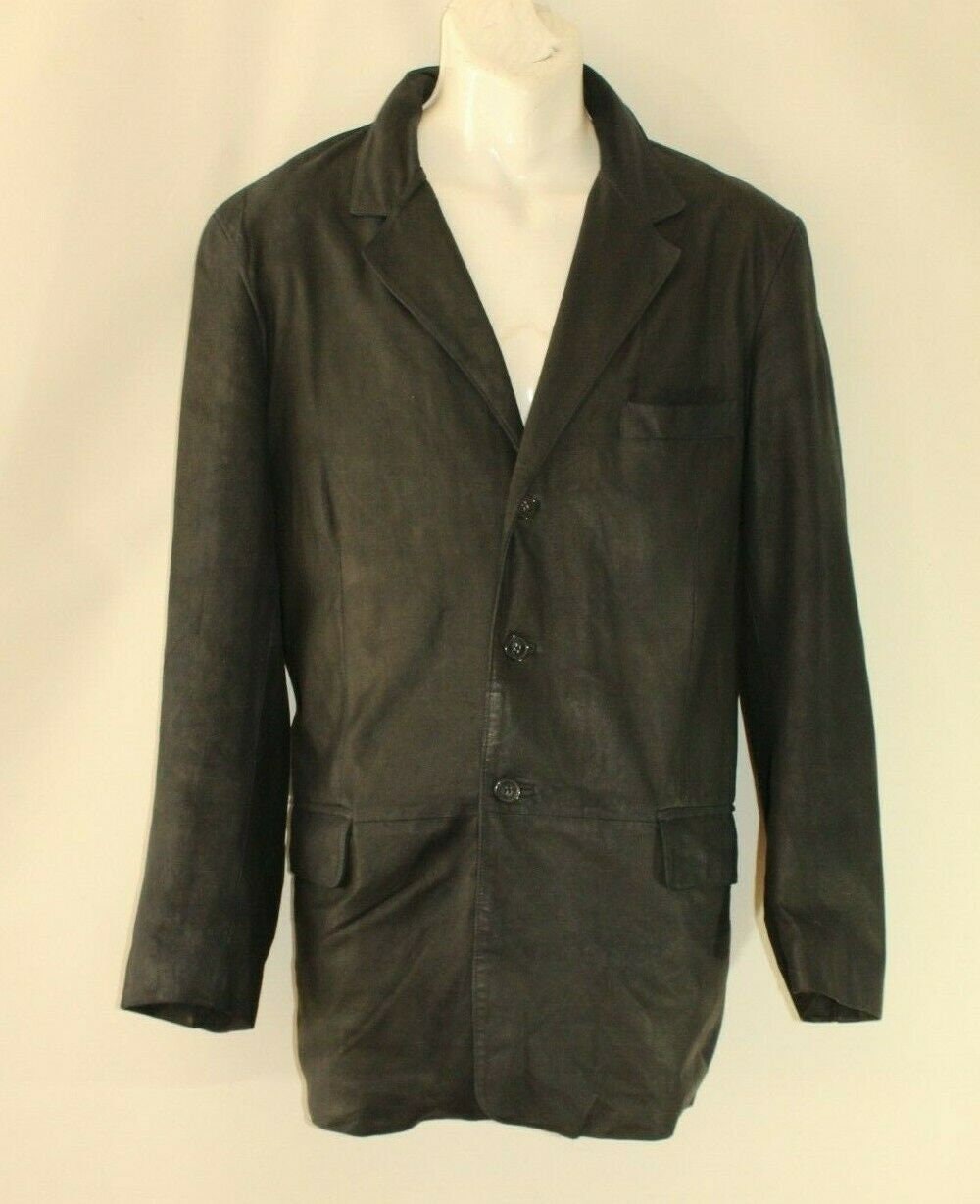 Image of Vintage Men's Black Blue Leather Vera Pelle Button Biker Casual Jacket Size 52