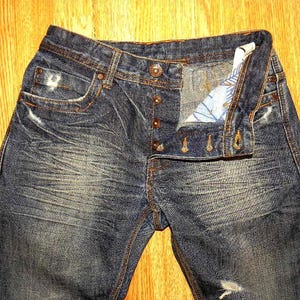 Vintage Men&#39;s Blue Denim BSK Button Ripped Faded Straight Leg Cowboy Jeans Size 31 / 40 L 29