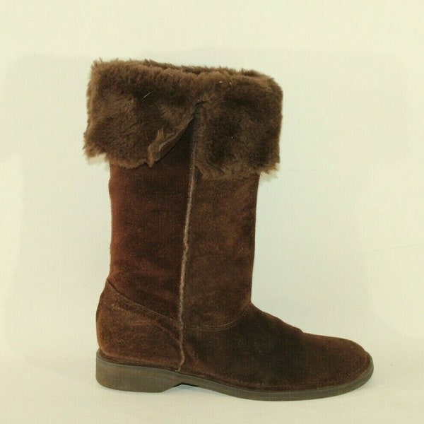 Vintage Women's Brown Suede & Faux Fur NEW LOOK Pull On Mid Calf Winter Boots Sz 5 / 38