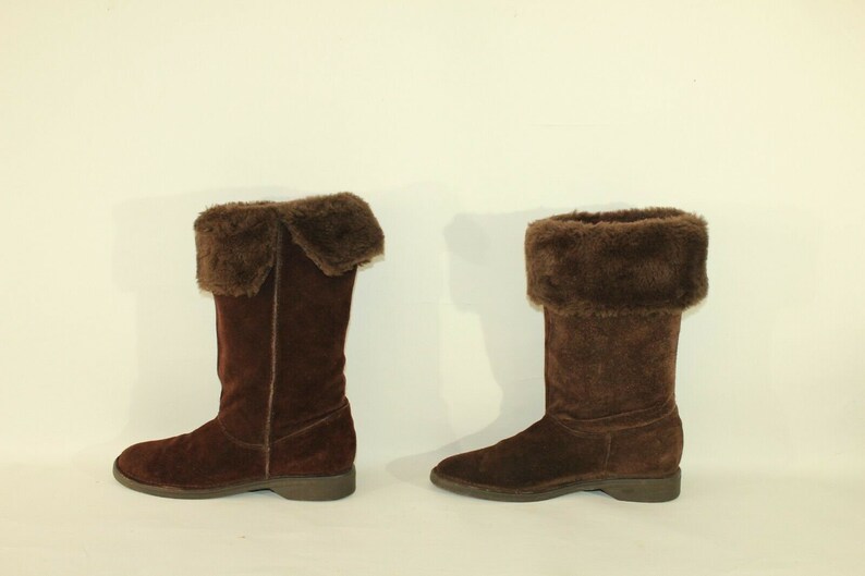 Vintage damstövlar i brun mocka och fuskpäls, NEW LOOK, halvhöga vinterstövlar, storlek 5/38 bild 7