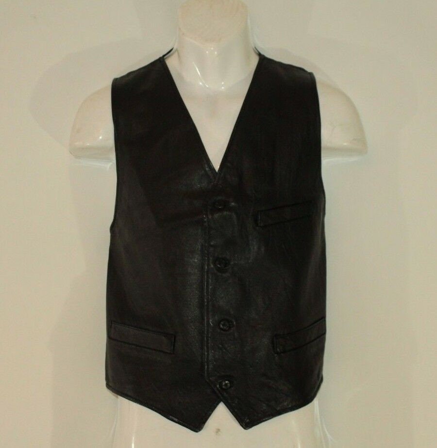 Image of Vintage Men's Black Front 100% Leather Pierre Vedouq Button Biker Waistcoat Size S