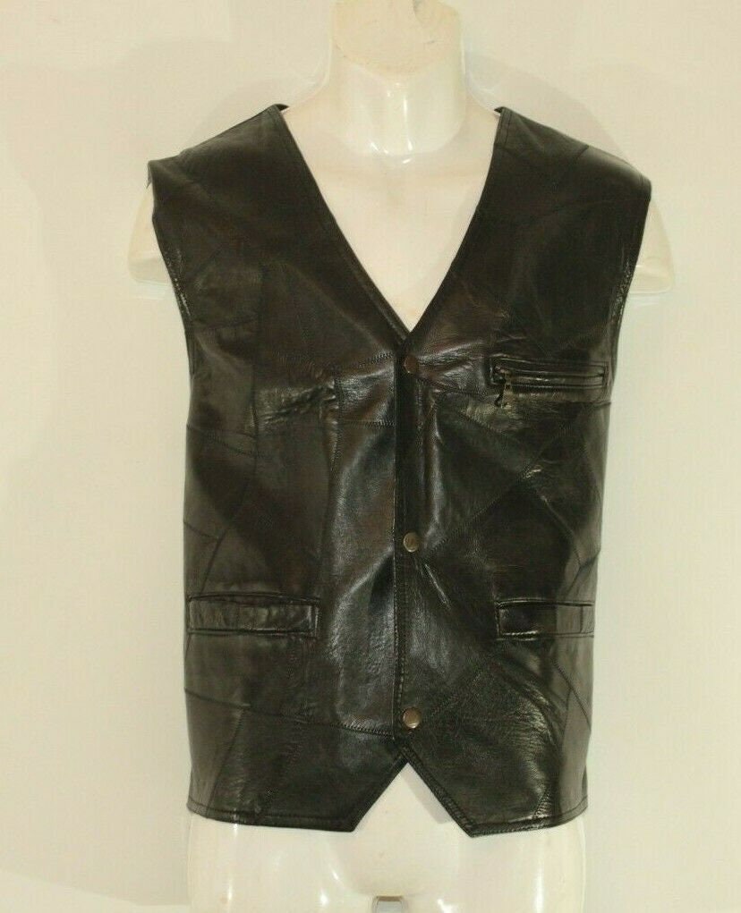 Image of Vintage Men's Black Patch Leather Popper Cowboy Western Biker Back Waistcoat Size Xl