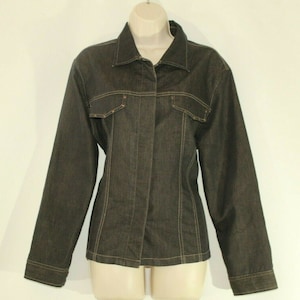 Vintage Brown Blue Denim Button Hip Length Casual Women&#39;s Jacket Blazer Size 14 / 42