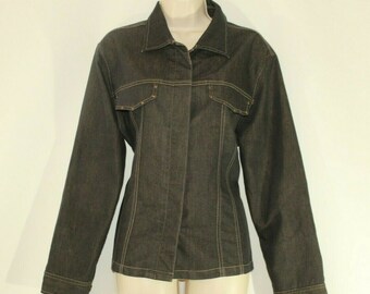 Vintage marrón azul denim botón de cadera longitud casual chaqueta de mujer Blazer tamaño 14 / 42