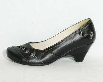 Vintage  Women's Black Leather O.I.S COMFORT Slip On Mid Heel Casual Court Shoes 4 / 37