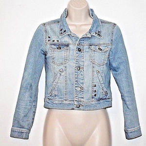 Vintage Light Blue Denim WOW Button Studs Waist Length Jacket Blazer Size XS
