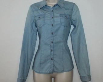 vintage Blue Cotton VERO MODA Button Fitted Long Sleeve Casual Hip Length Shirt Size S