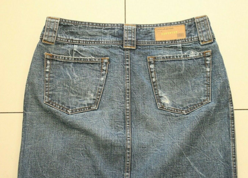 Vintage Women/'s Blue Denim DKNY JEANS Zip Mini Distressed Straight Skirt Size 1038 L 20