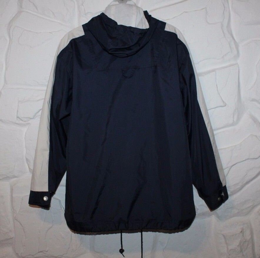Image of Vintage Dark Blue & White Strip Waterproof Zip Hooded Hiking Camping Trip Jacket Size L