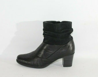 Vintage Women's Black Leather & Suede RIEKER Zip Mid Heel Casual Ankle Boots Size 3 / 36