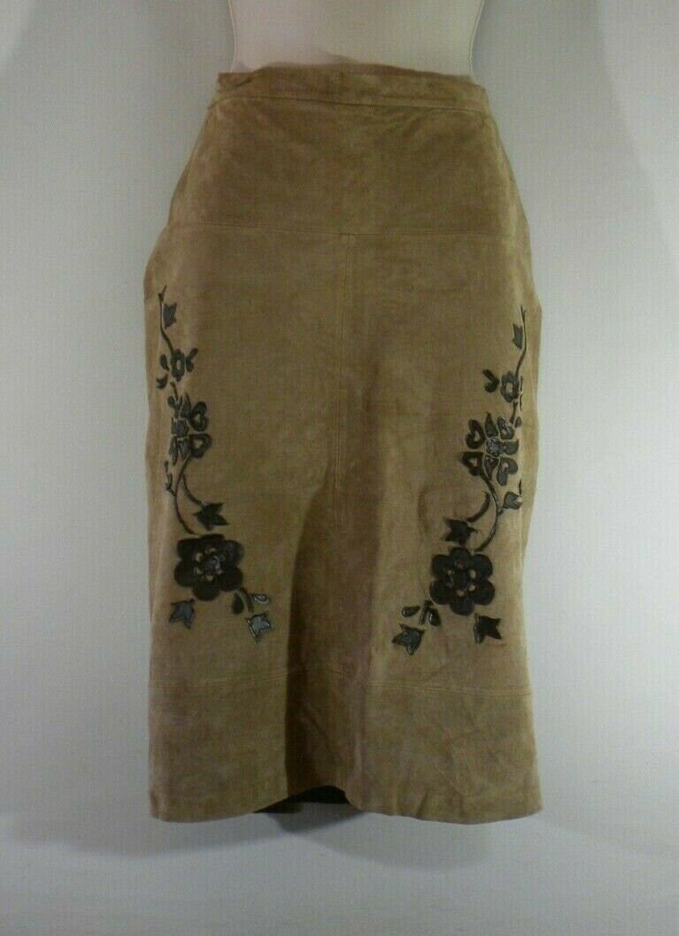 Image of Vintage Women's Beige Suede Beth Terrell Zip Knee Length Straight Skirt Size M, L