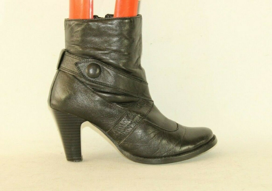 無料発送 Toe Round Zip Leather Black Women's Vintage High Casual Heel 靴