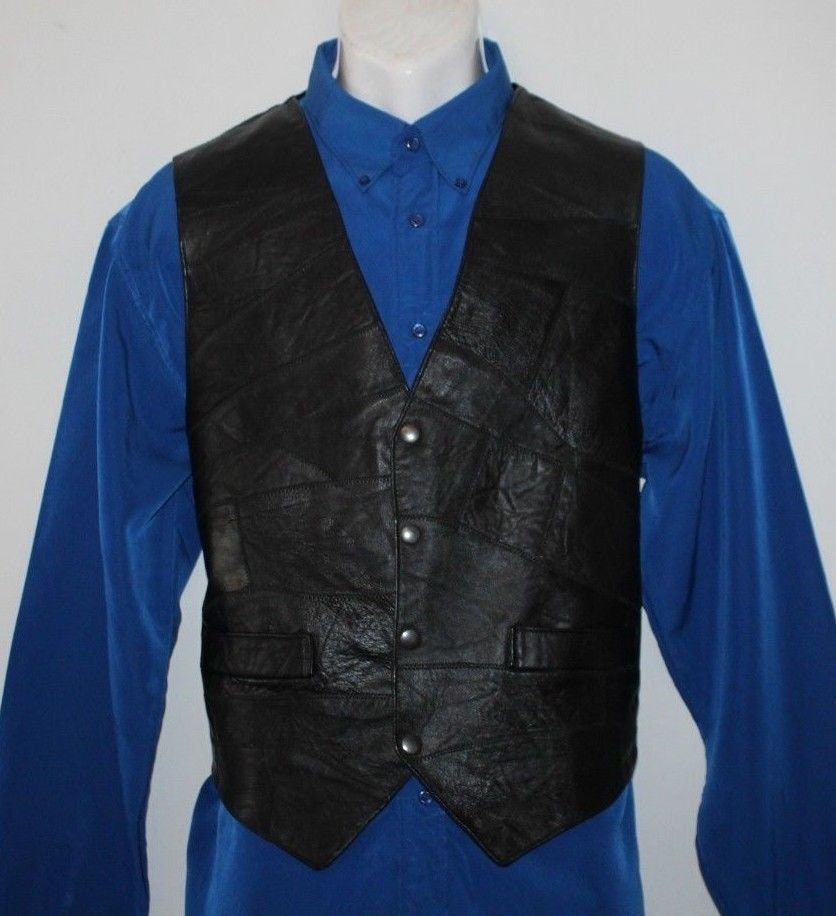 Image of Vintage Black Patch Leather & Other Popper Cowboy Western Biker Riding Waistcoat Size M