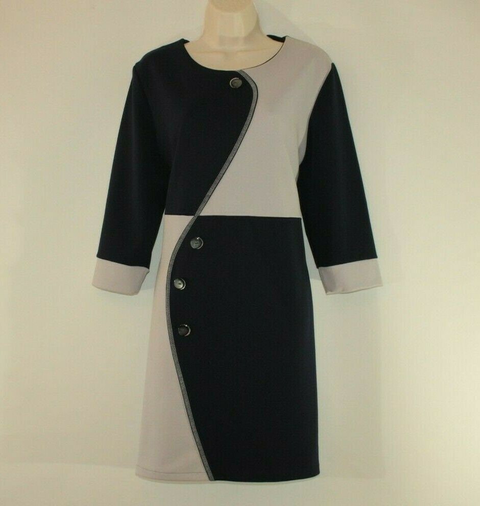 Image of Vintage Blue & Grey Fabric Stretch Knee Length / Sleeve Party Casual Dress Size /