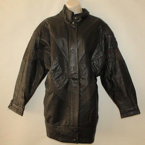 TG abbigliamento vintage nero vera pelle Zip Slouch lunghezza anca Biker Jacket da donna 14 / 42