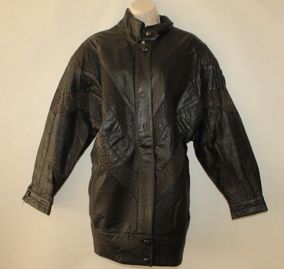 Vintage Black Real Leather Zip Slouch Hip Length Biker