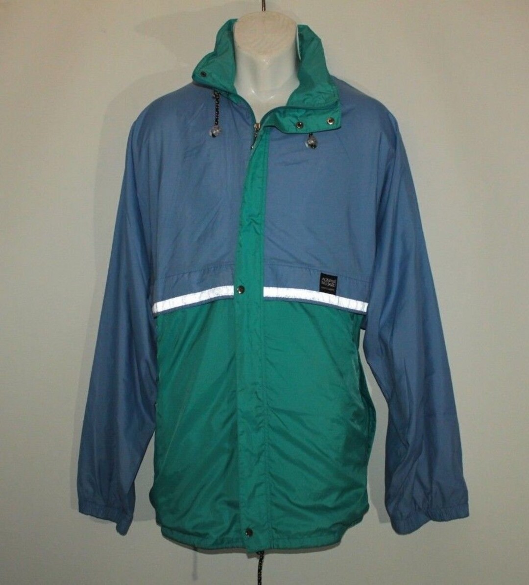 Vintage 80s Green & Blue AQUA GUARD Fold Away Hood Camping Jacket