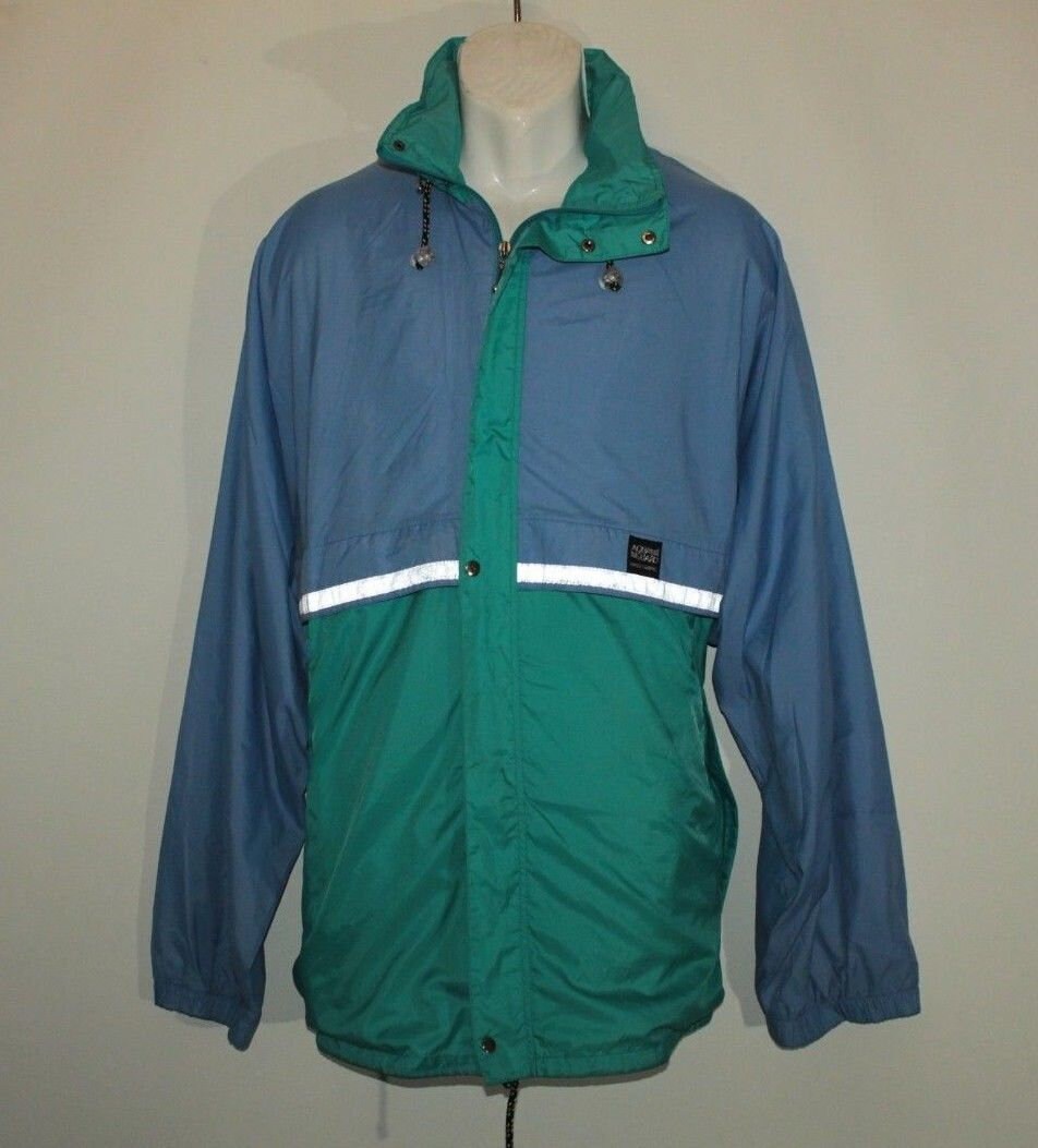 Image of Vintage 80S Green & Blue Aqua Guard Fold Away Hood Camping Jacket Chest Sz 50"